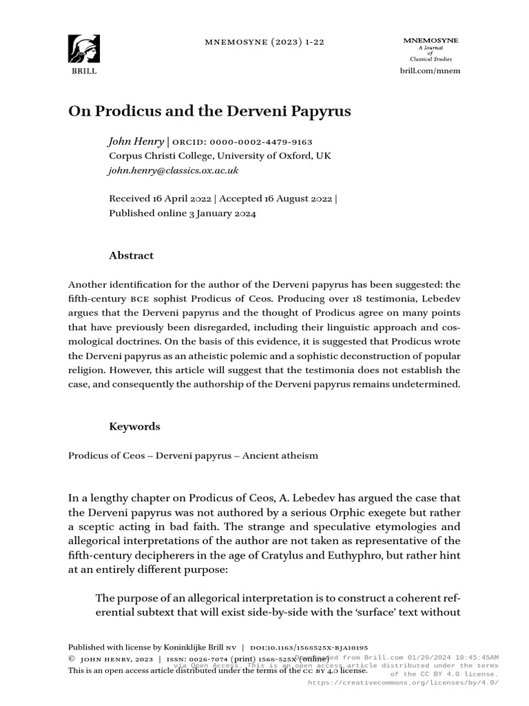 Prodicus and the Derveni Papyrus Authorship | PDF