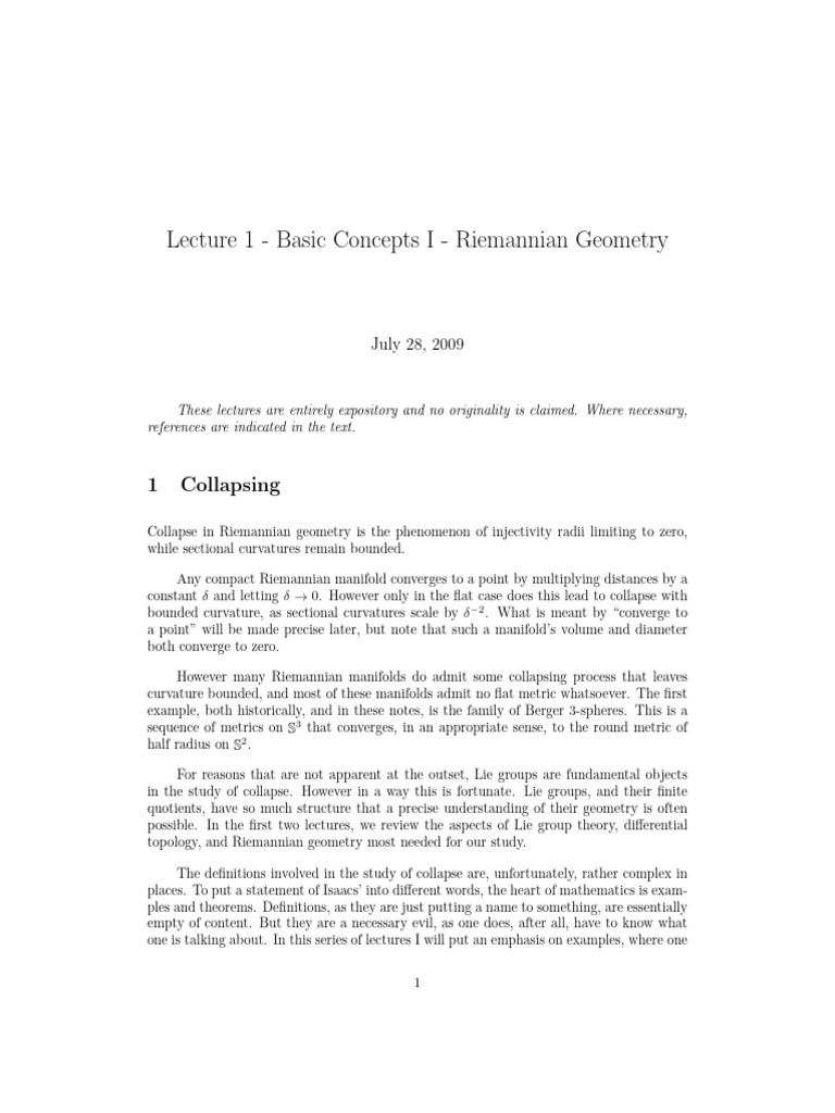 Riemannian Geometry: Collapsing Concepts | PDF | Manifold | Geometry