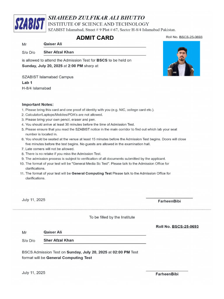 Admit Card | PDF