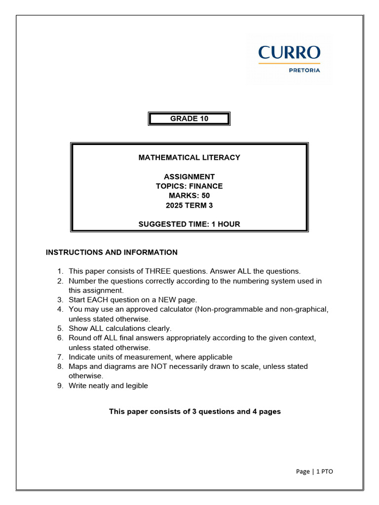 Grade 10 Maths Literacy Term 3 Assignment | PDF | Interest | Expense