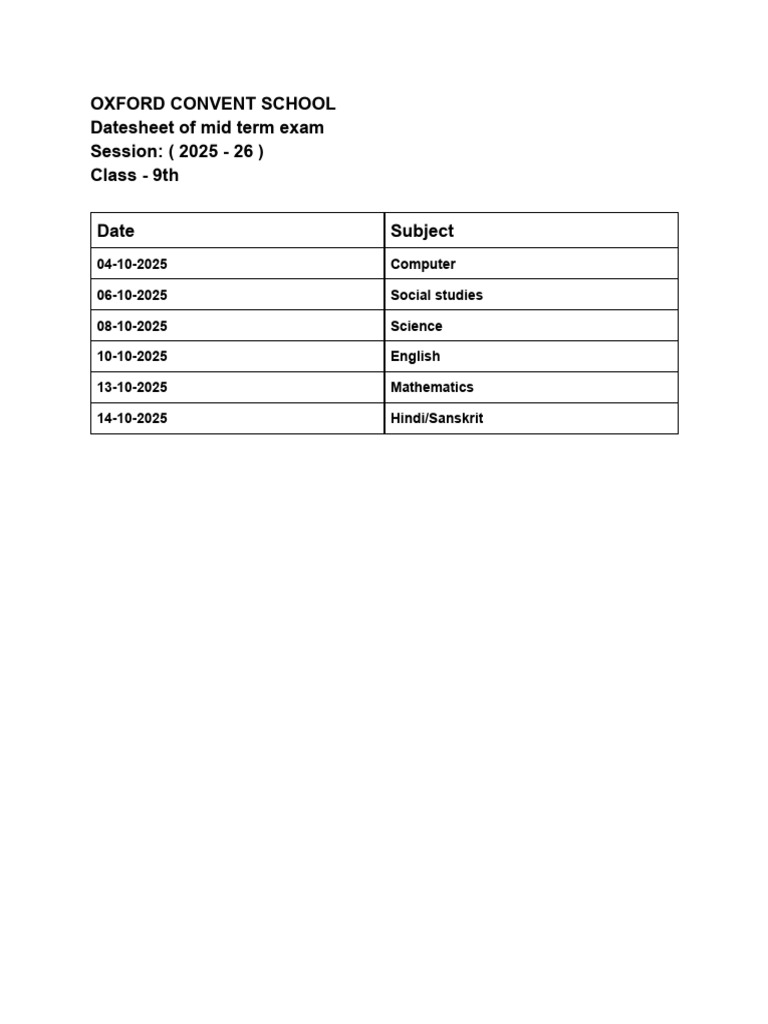 Class 9 Mid Term Exam Datesheet 2025 | PDF