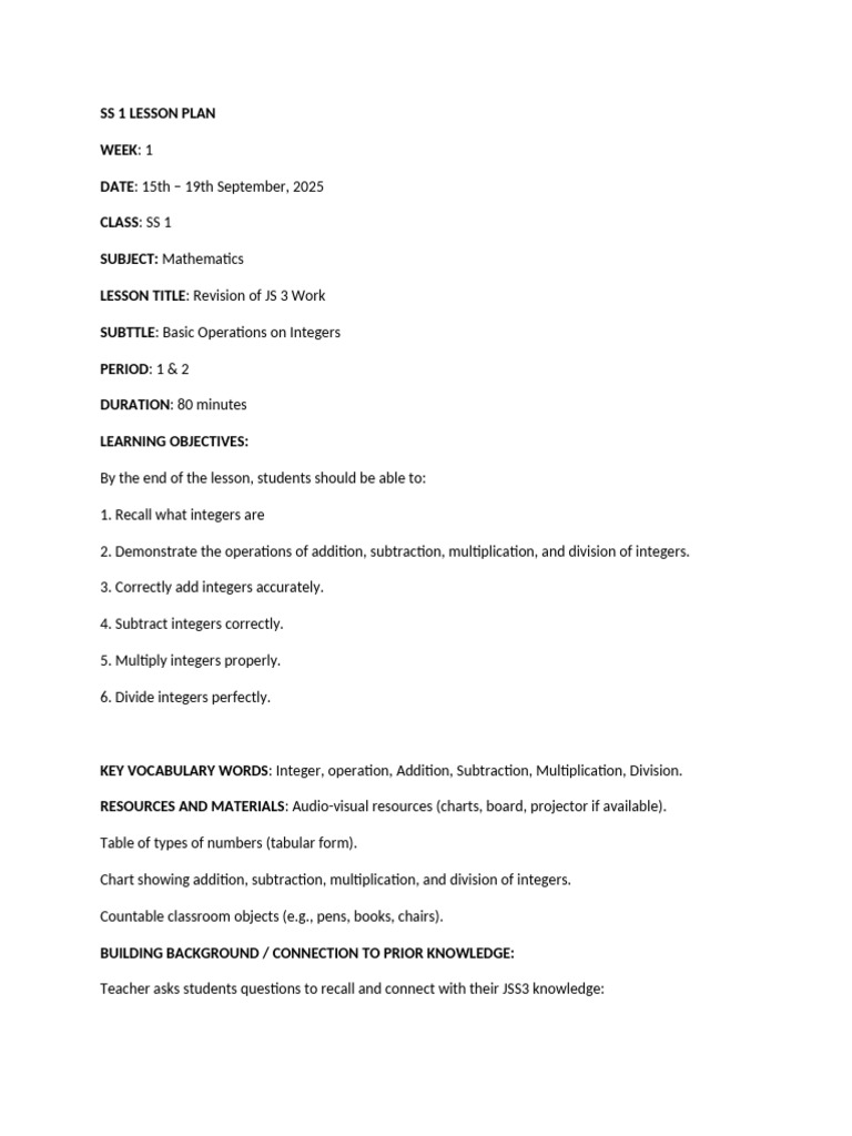 SS 1 Maths Plan (WK 1, T1) - 1 | PDF | Multiplication | Integer