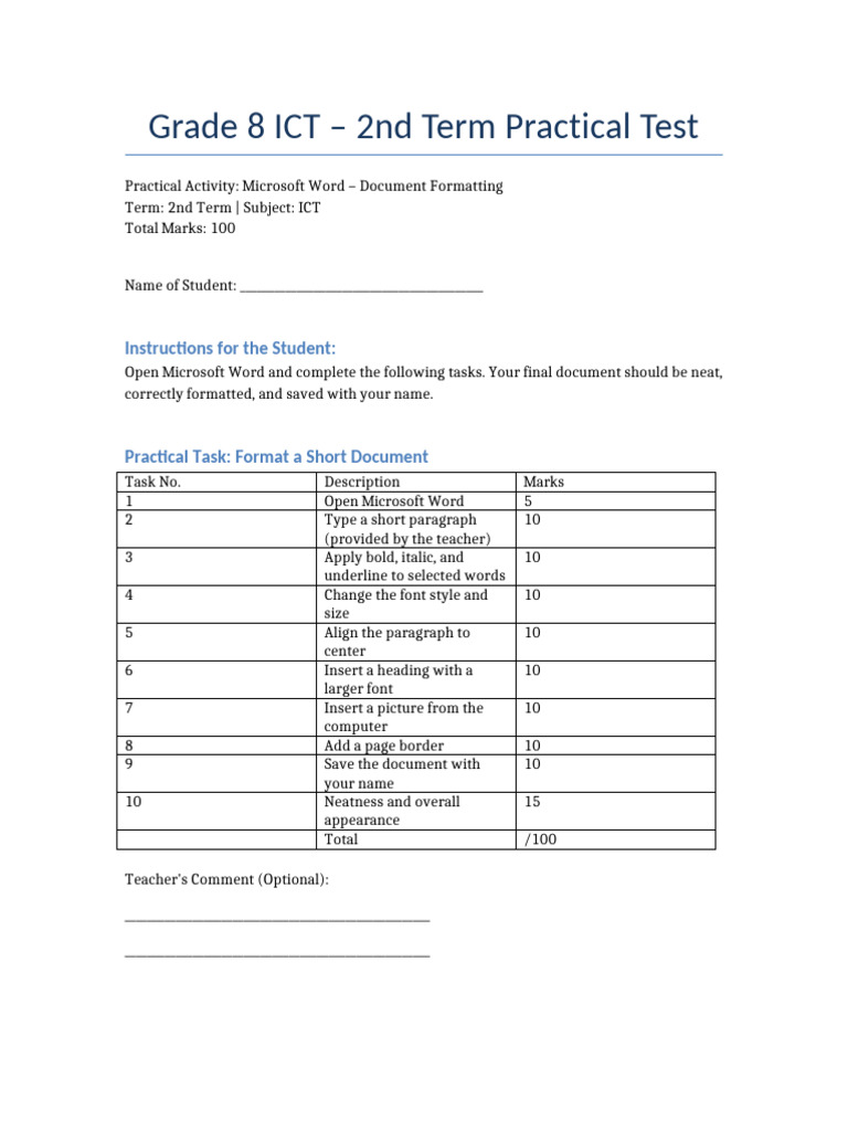 Grade 8 ICT Microsoft Word Test | PDF