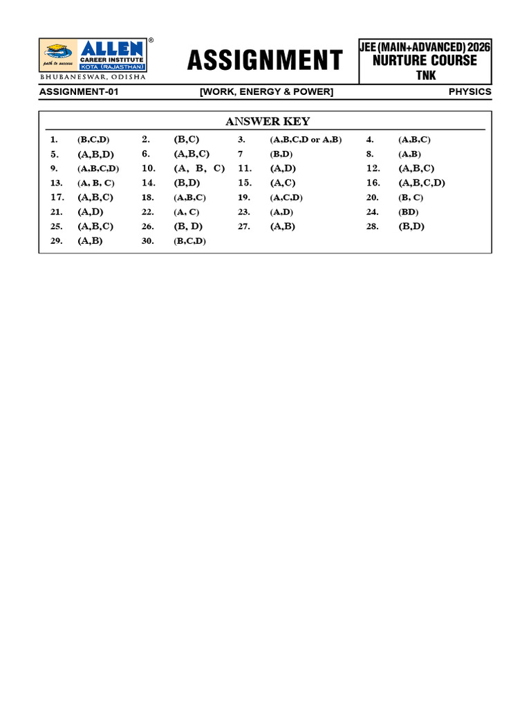 Physics Assignment 01 Answer Key | PDF