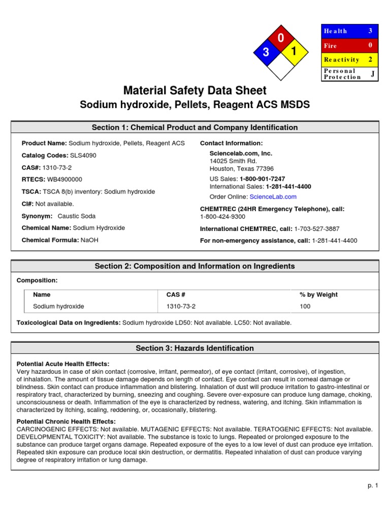 Sodium hydroxide, Pellets, Reagent ACS MSDS Section 1 Chemical