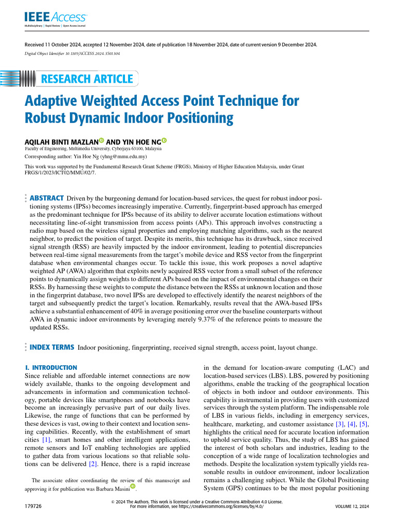 Adaptive Weighted AP for Indoor Positioning | PDF
