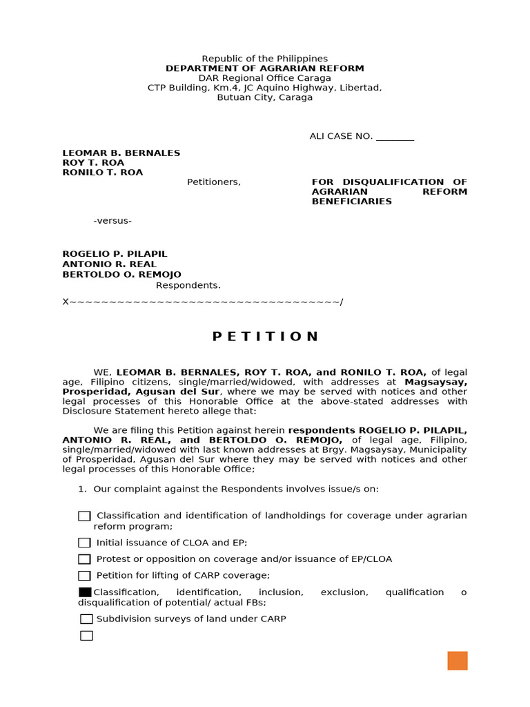 Petition for Agrarian Reform Disqualification | PDF