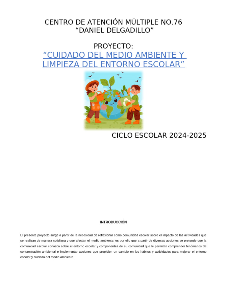 Proyecto Cuidado Al Medio Ambiente y Limpieza Del Entorno Escolar | PDF ...