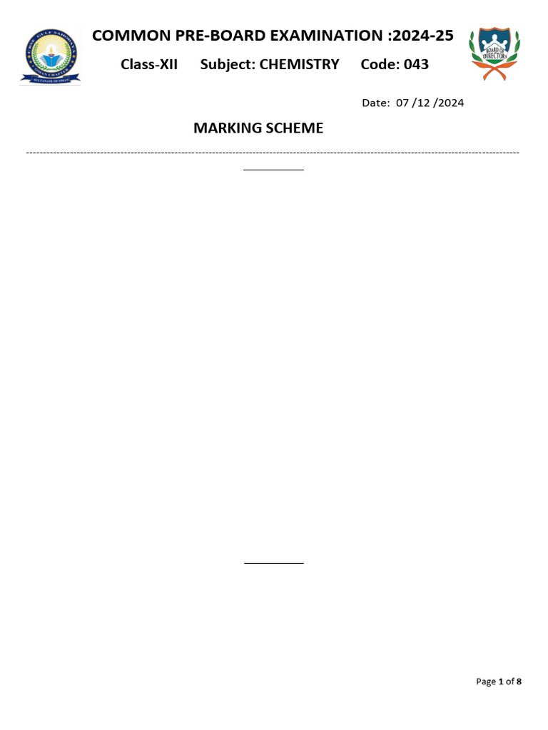 Chemistry Pre-Board Exam Marking Scheme 2024 | PDF | Chemical Reactions ...