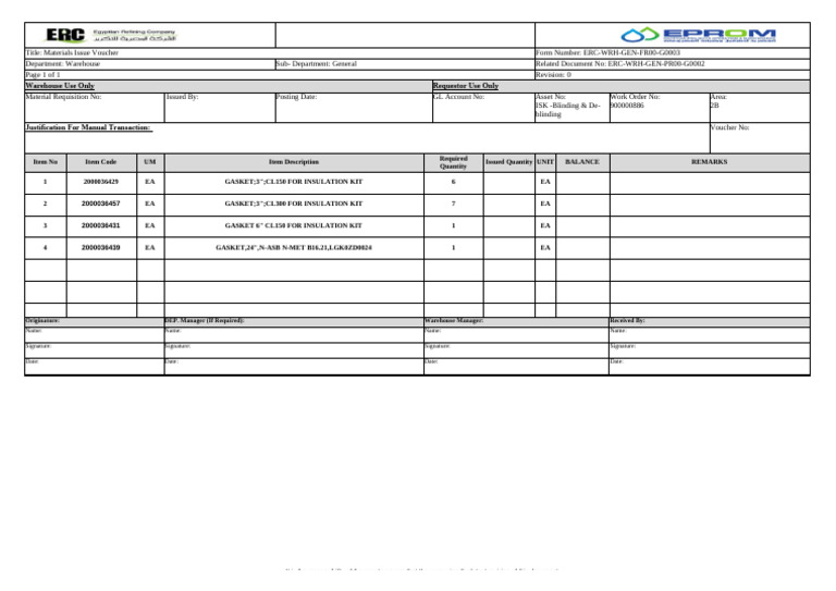 Warehouse Materials Issue Voucher | PDF
