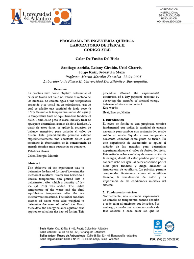 Calor de Fusión del Hielo Experimental | PDF | Calor latente | Calor