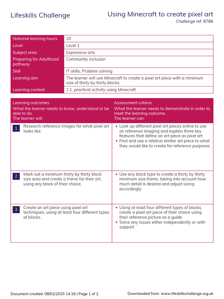 Minecraft Pixel Art Lifeskills Challenge | PDF | Educational Assessment ...