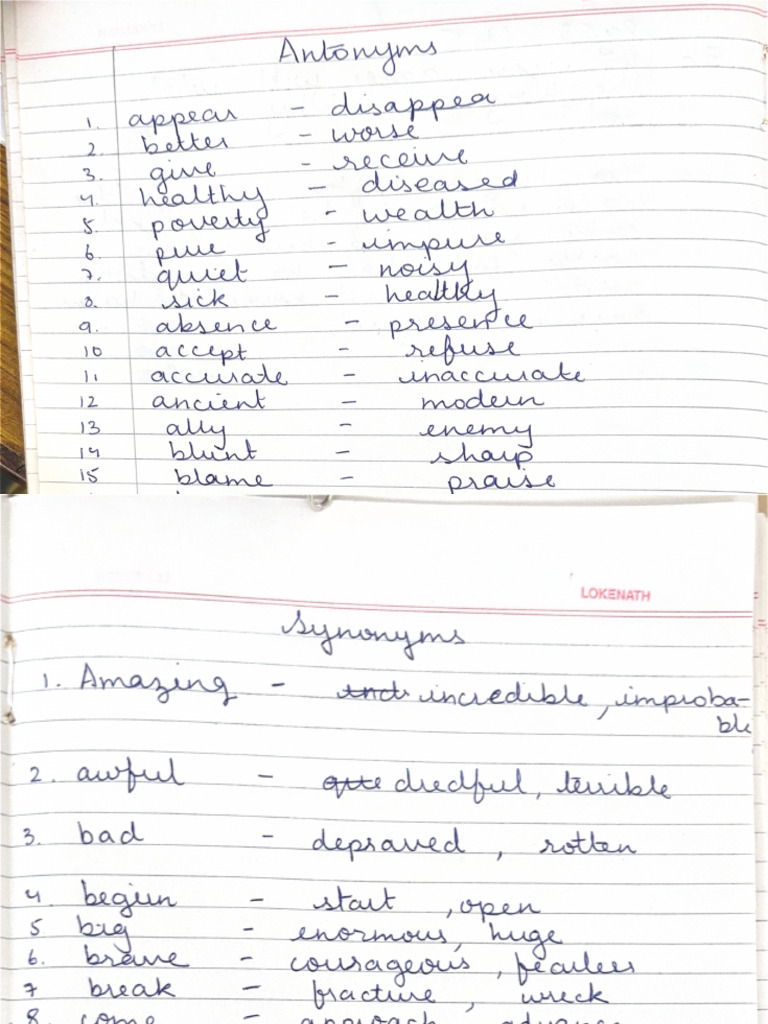 Antonyms and Synonyms For Class 6th A+ B | PDF