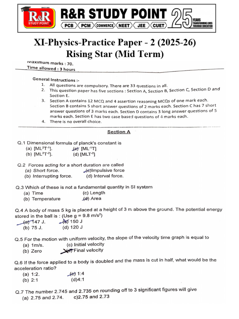 XI PP 2 Physics Rising Star Mid Term | PDF | Acceleration | Momentum