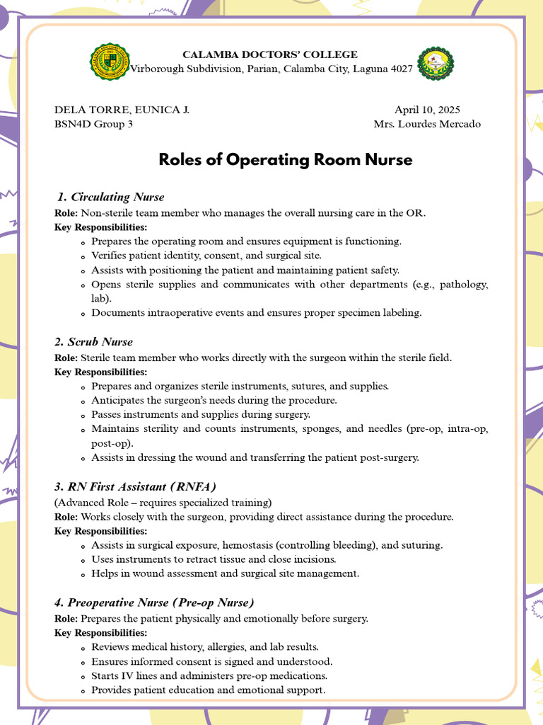 Roles of Operating Room Nurses | PDF | Surgery | Medical Specialties