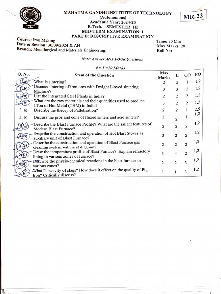 Mid-Term Exam Questions for B.Tech MME | PDF | Phase (Matter ...