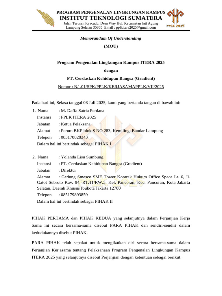 MOU Program Pengenalan Kampus ITERA 2025 | PDF