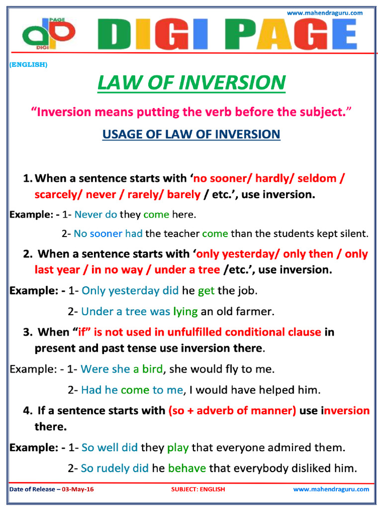 Law of Inversion in English Grammar | PDF