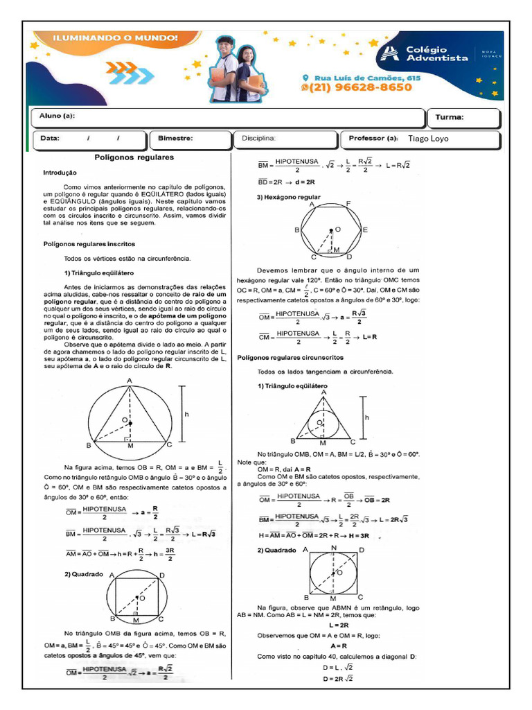 Cálculos de Perímetros e Áreas em Figuras Inscritas | PDF | Círculo ...