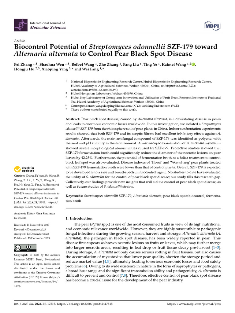 Biocontrol Potential of Streptomyces Odonnellii SZF-179 Toward ...