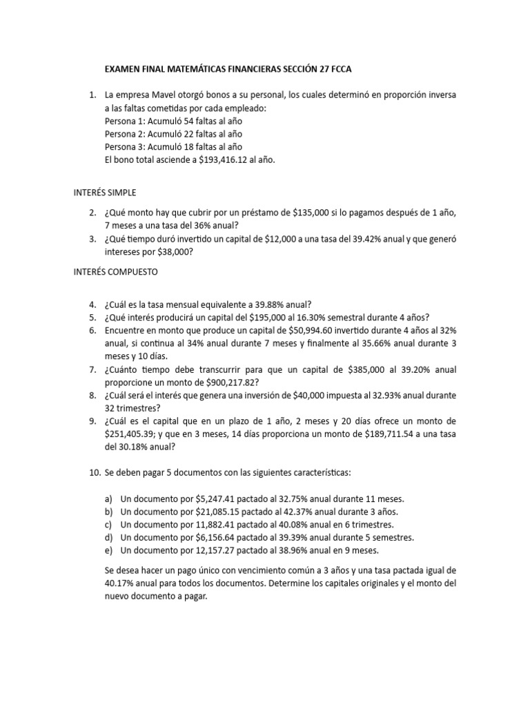 Examen Final de Matemáticas Financieras | PDF