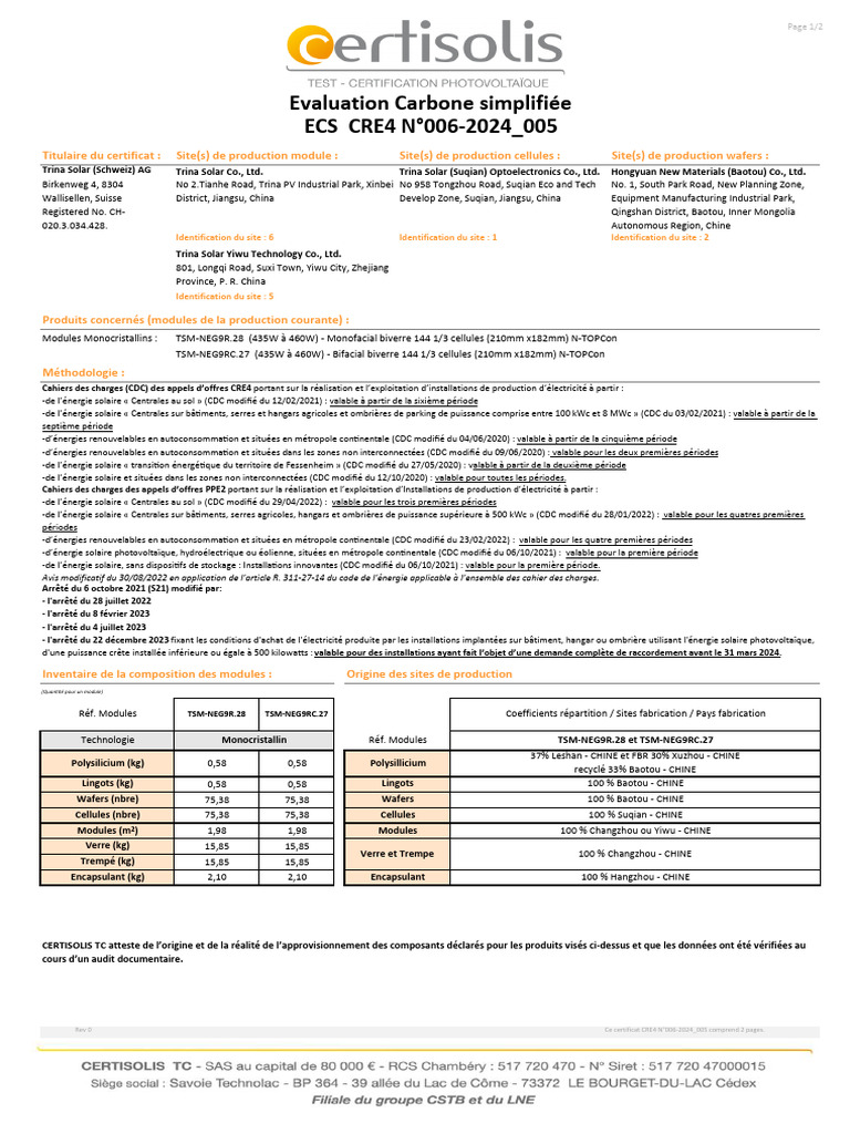 Certificat CRE4 pour modules solaires | PDF | Énergie solaire | Énergie ...