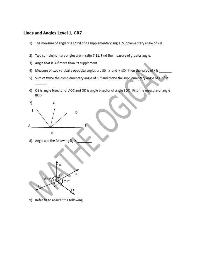 Lines and Angles Problems for Grade 7 | PDF