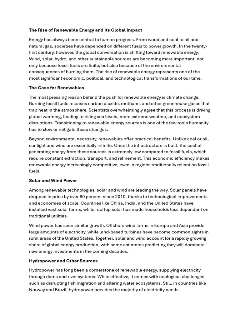 The Rise of Renewable Energy and Its Global Impact | PDF | Renewable ...