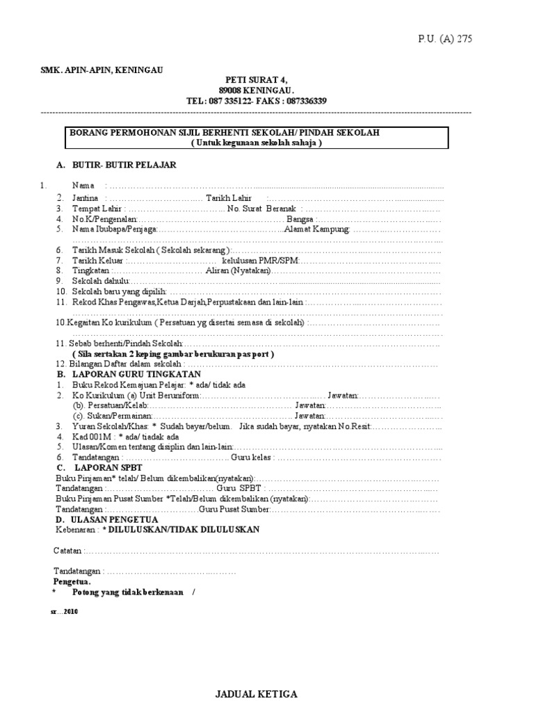 Borang Pertukaran Murid Sekolah Pdf