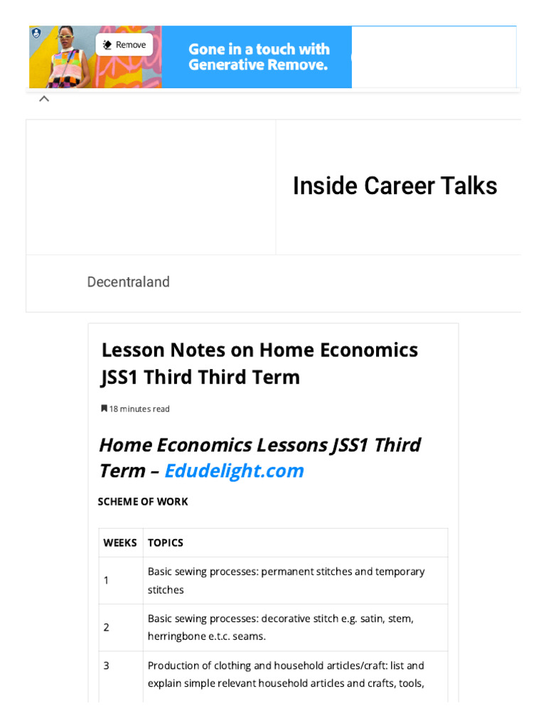 Lesson Notes On Home Economics JSS1 Third Third Term | PDF | Seam ...