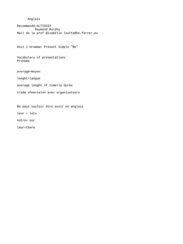 Présent Simple en Anglais : Unité 1 | PDF