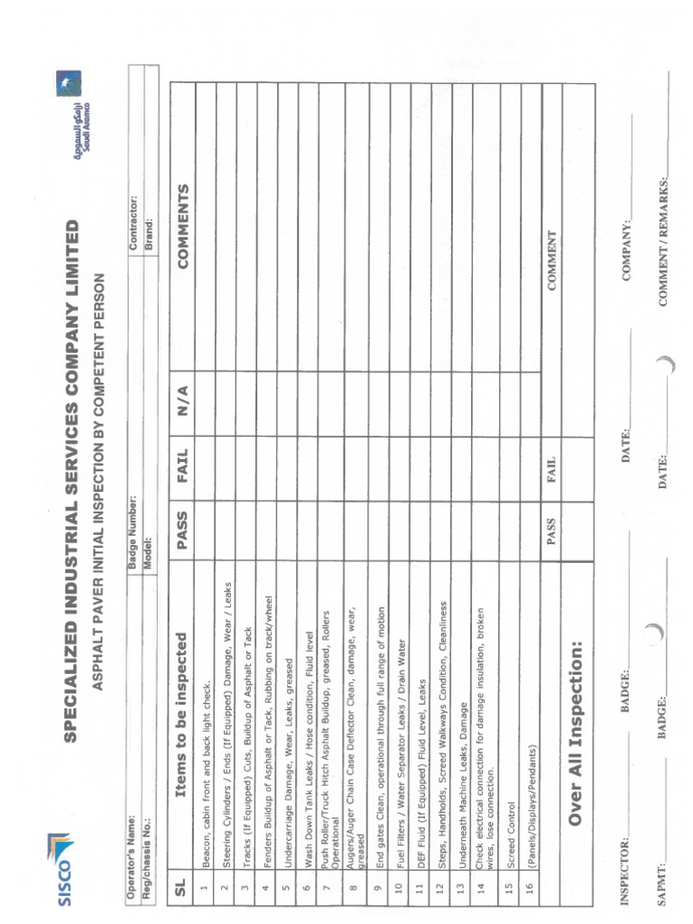 Asphalt Paver Initial Inspection Checklist | PDF