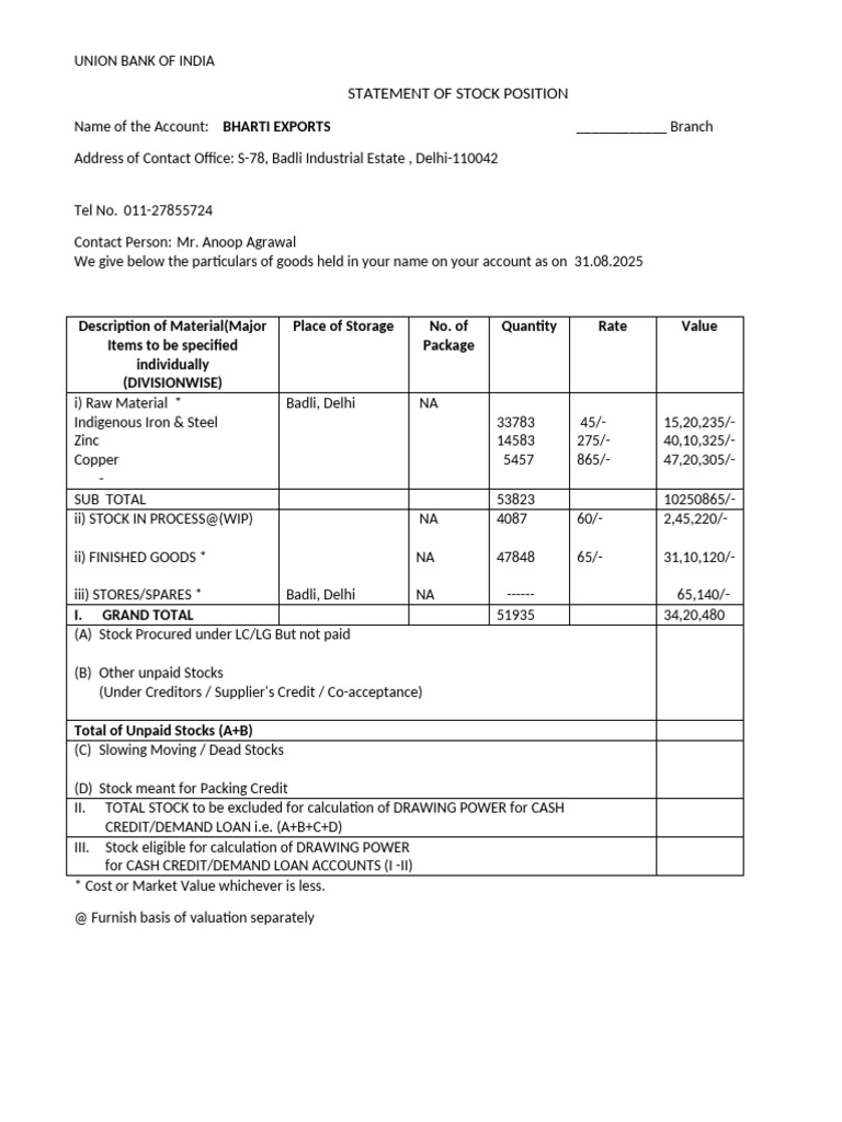 Stock Position Statement for Loans | PDF | Insurance | Debt