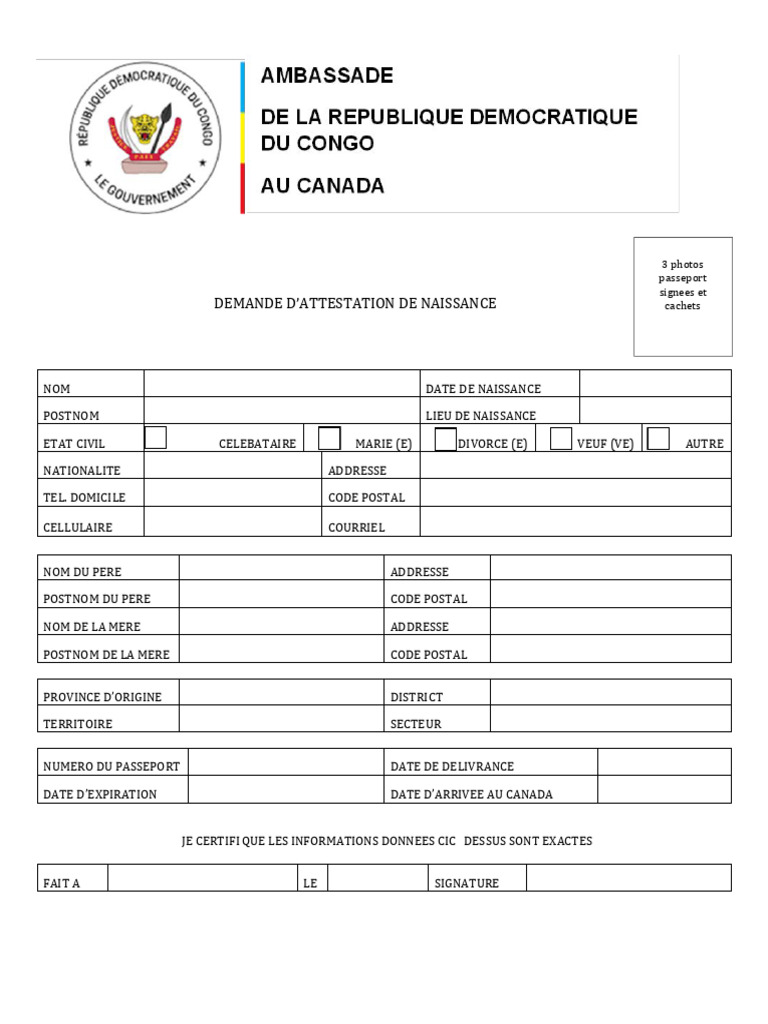 Demande d'attestation de naissance | PDF