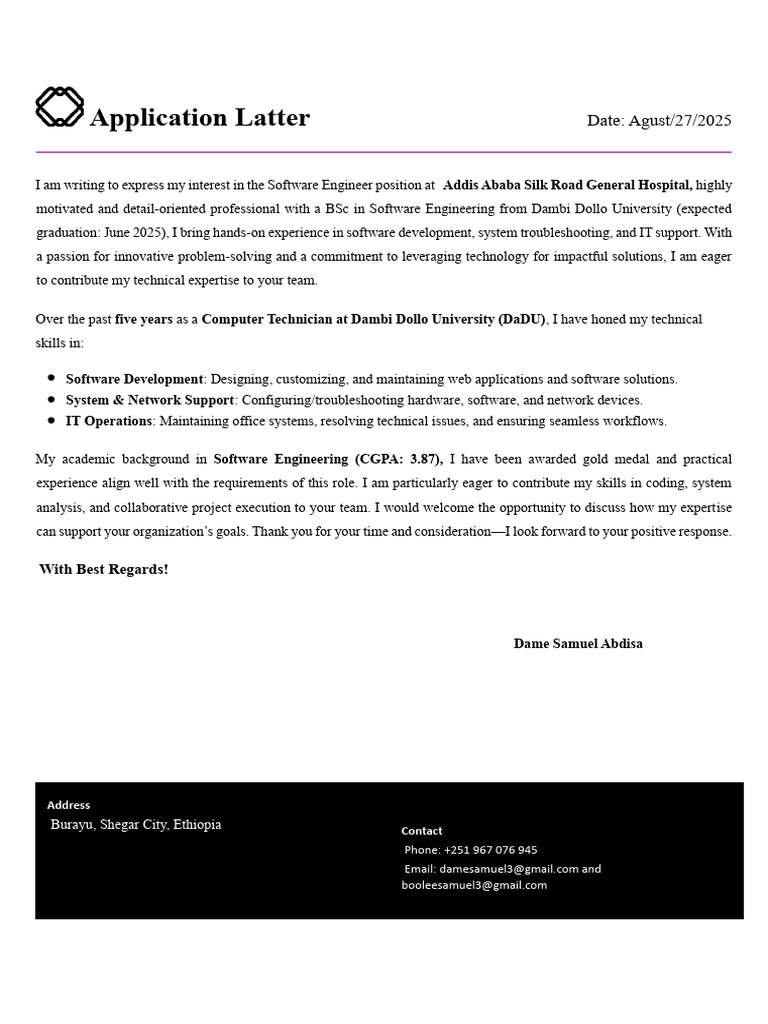 Software Engineer Application Letter | PDF
