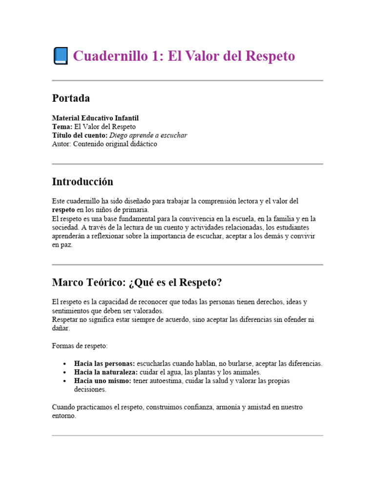 Valor del Respeto en Niños | PDF | Autoestima | Comprensión lectora