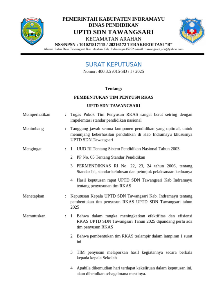 Pembentukan Tim RKAS UPTD SDN Tawangsari | PDF