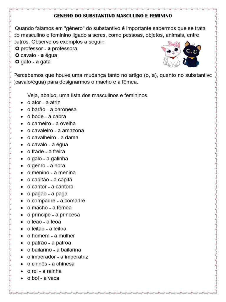 Gênero dos Substantivos: Masculino e Feminino | PDF