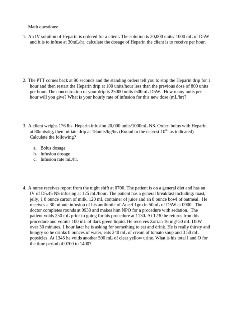 Heparin Dosage and I&O Calculations | PDF | Intravenous Therapy | Dose ...