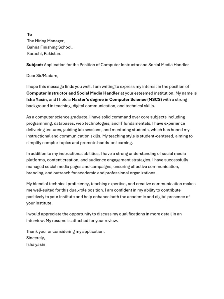 Application for Computer Instructor Role | PDF