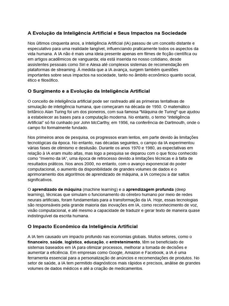 Impactos da Inteligência Artificial na Sociedade | PDF | Inteligência ...