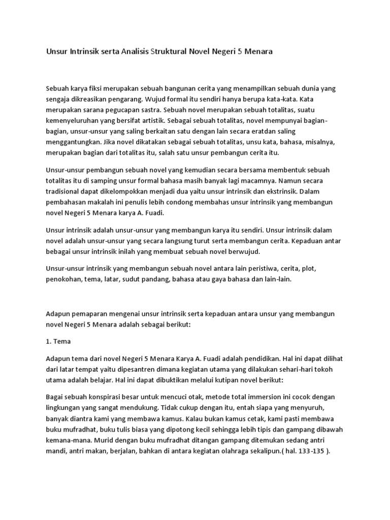 Unsur Intrinsik Novel Negeri 5 Menara