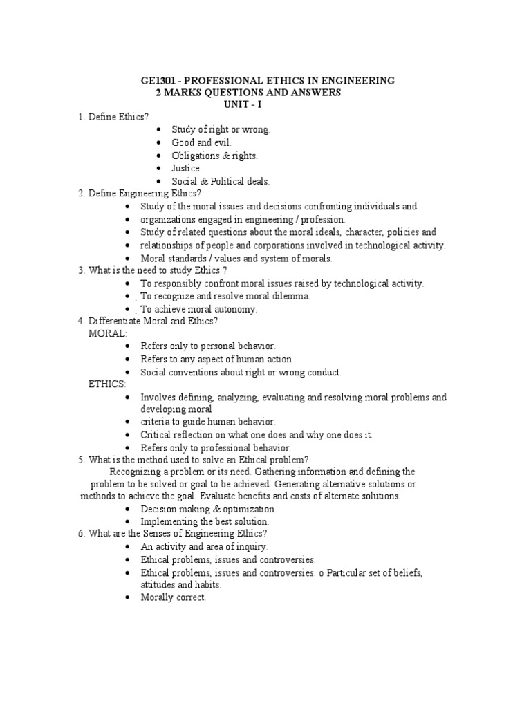 Ge1301 - Professional Ethics in Engineering 2 Marks Questions and ...