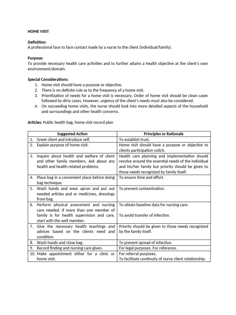 Home Visit Nursing Procedure Checklist | PDF | Nursing | Hand Washing