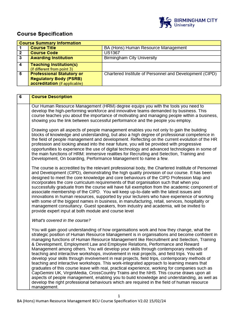 BA (Hons) Human Resource Management Course | PDF | Human Resource ...