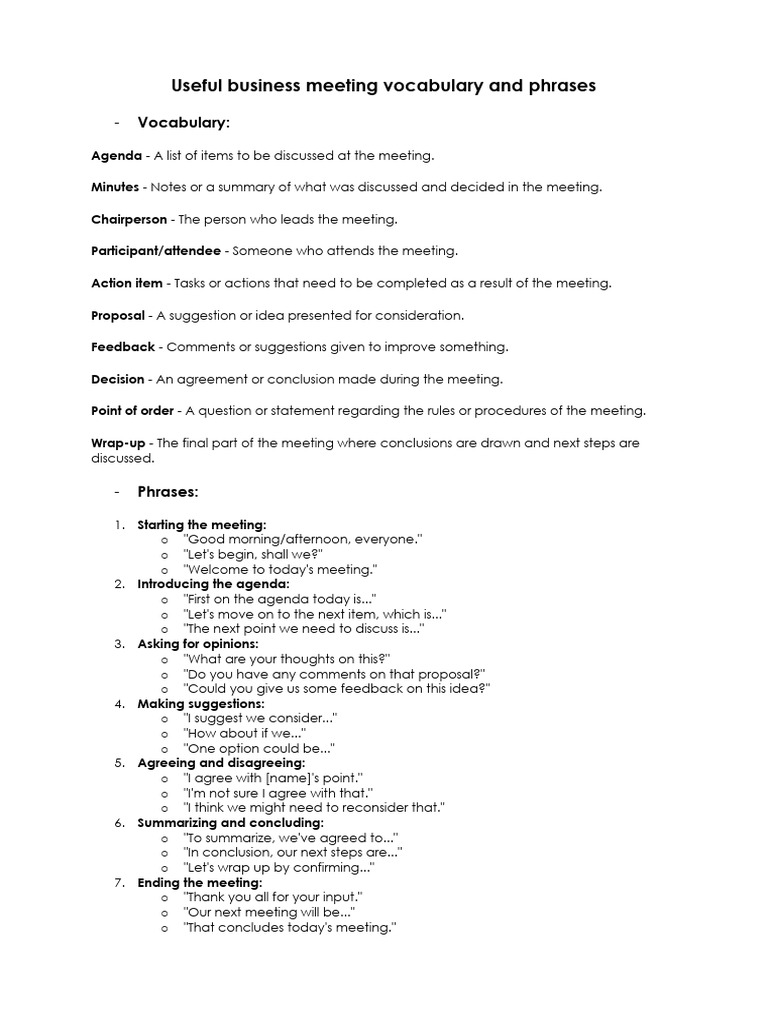 Business Meeting Vocabulary Guide | PDF