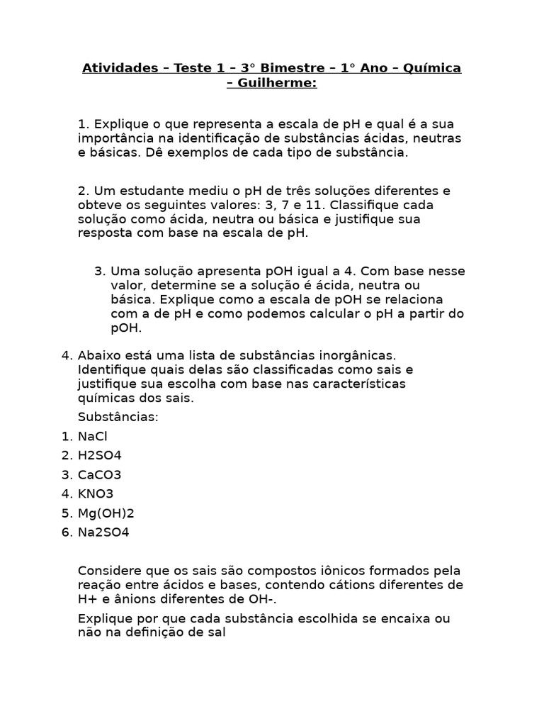 Atividades - Teste 1 - 3° Bimestre - 1° Ano - Química - Guilherme | PDF