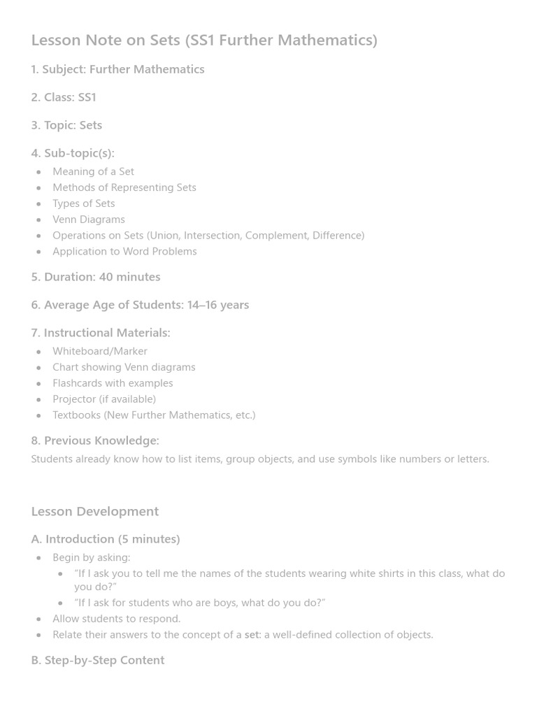 Lesson Note On Sets | PDF | Set (Mathematics) | Empty Set