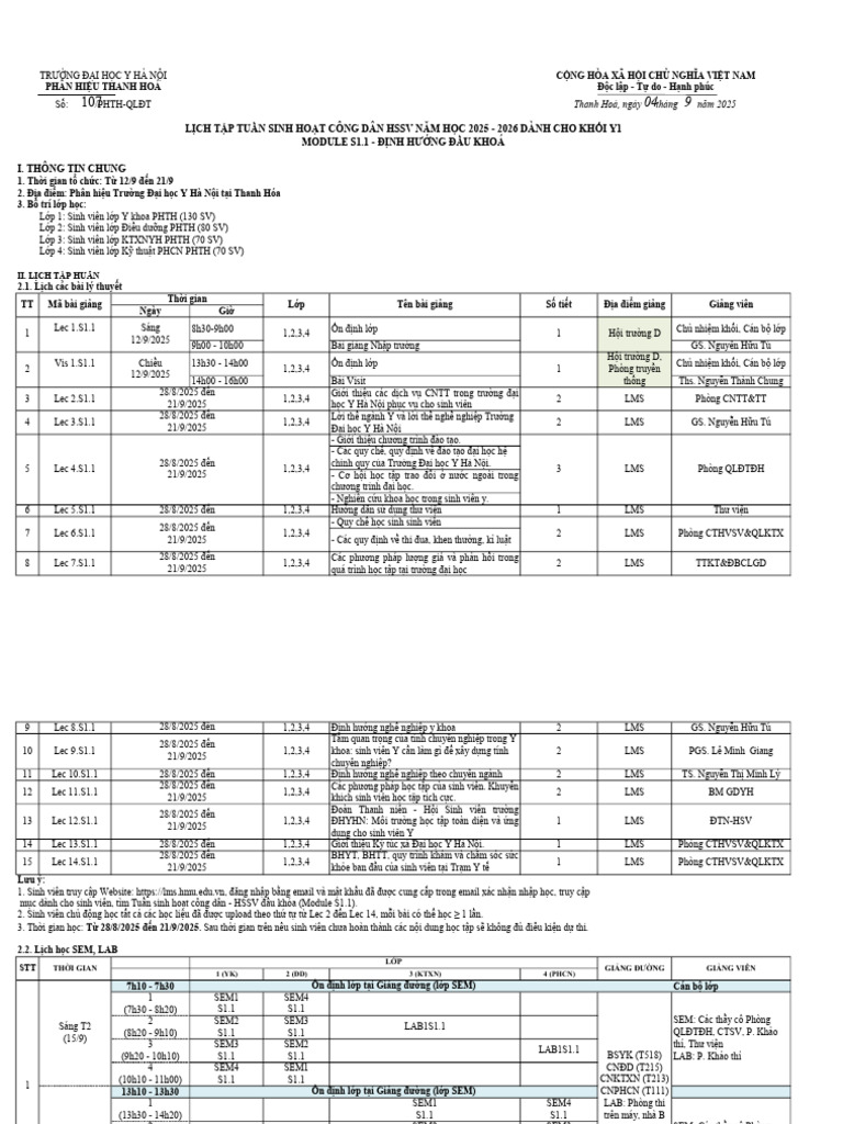 Lịch SHCD Y1 năm 2025 2026 | PDF