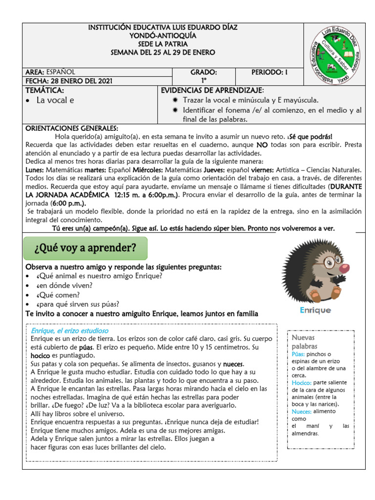 Aprendizaje de la Vocal E en 1° Grado | PDF